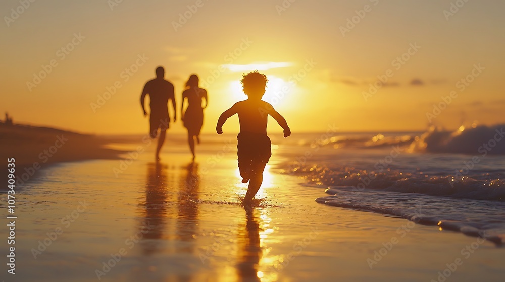 Happy family silhouette, Happy family walk on the beach at sunset.