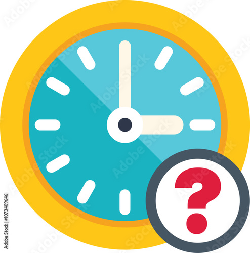 Simple colorful icon of a clock face showing the time passing with a question mark