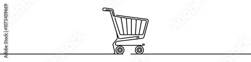 One continuous line illustration of a shopping cart, isolated on white background. Line art of shopping cart