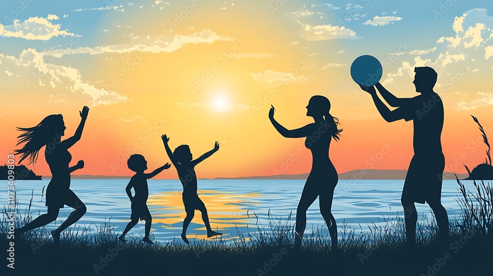Fototapeta premium Happy family silhouette, Happy family walk on the beach at sunset.