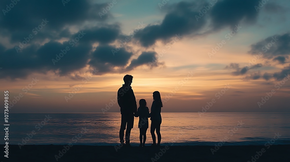 Happy family silhouette, Happy family walk on the beach at sunset. Happy family silhouette, Happy family walk on the beach at sunset.