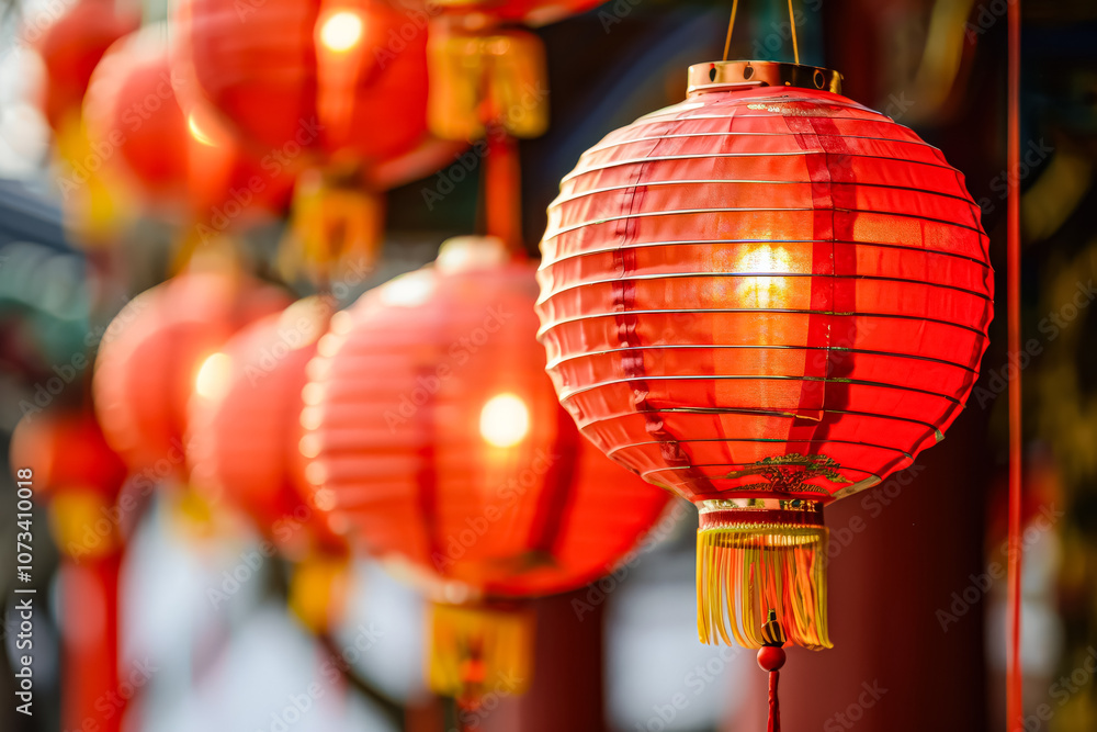 Row of red lanterns are lit up, creating a warm and inviting atmosphere. The lanterns are arranged in a way that they are all facing the same direction, creating a sense of unity and harmony Row of red lanterns are lit up, creating a warm and inviting atmosphere. The lanterns are arranged in a way that they are all facing the same direction, creating a sense of unity and harmony
