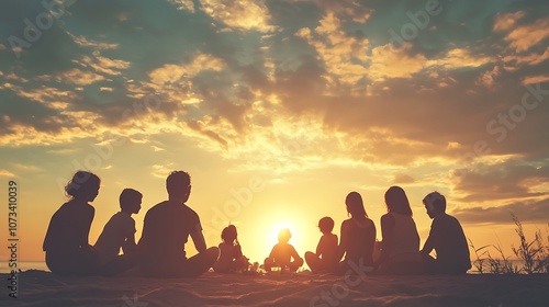 Happy family silhouette, Happy family walk on the beach at sunset.