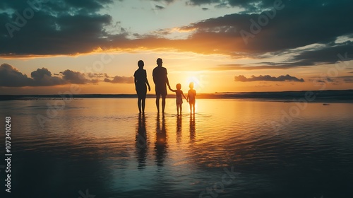 Happy family silhouette, Happy family walk on the beach at sunset.