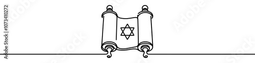 Continuous line drawing of torah scroll with star of david symbolizing jewish faith and traditions