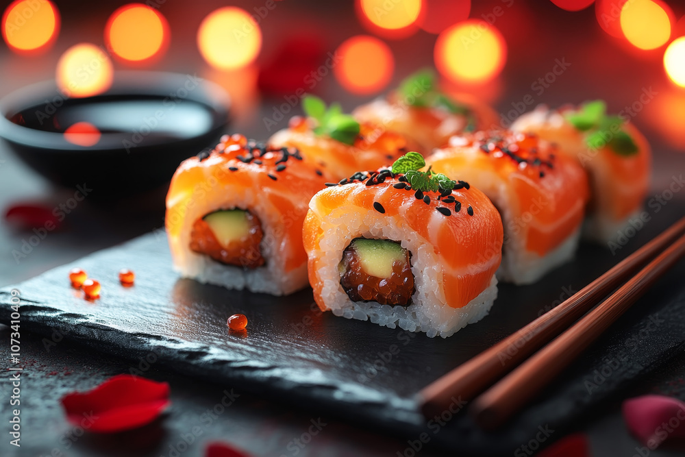 Romantic Valentine?s Sushi Set with Candlelight and Rose Petals Romantic Valentine?s Sushi Set with Candlelight and Rose Petals