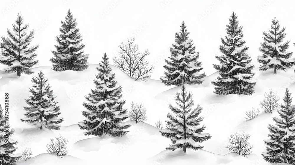 Obraz premium Black and white pencil drawing of snow-covered pine trees on a snowy landscape on white background