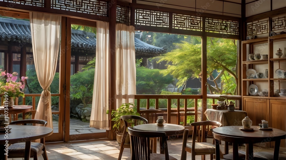 A cozy room featuring wooden furniture and large windows that provide a view of a lush garden outside A cozy room featuring wooden furniture and large windows that provide a view of a lush garden outside