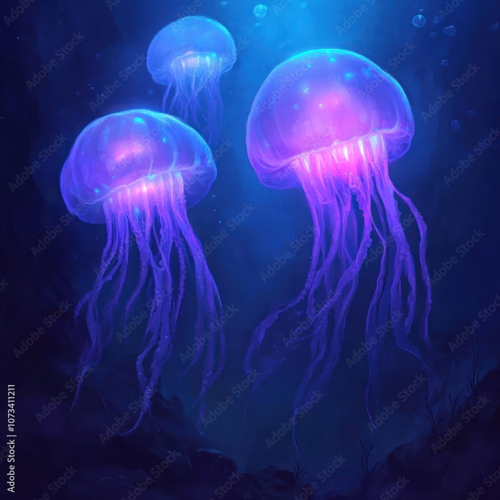 Ethereal jellyfish glow in vibrant hues of blue and purple, gracefully drifting through the dark ocean depths. Ethereal jellyfish glow in vibrant hues of blue and purple, gracefully drifting through the dark ocean depths.