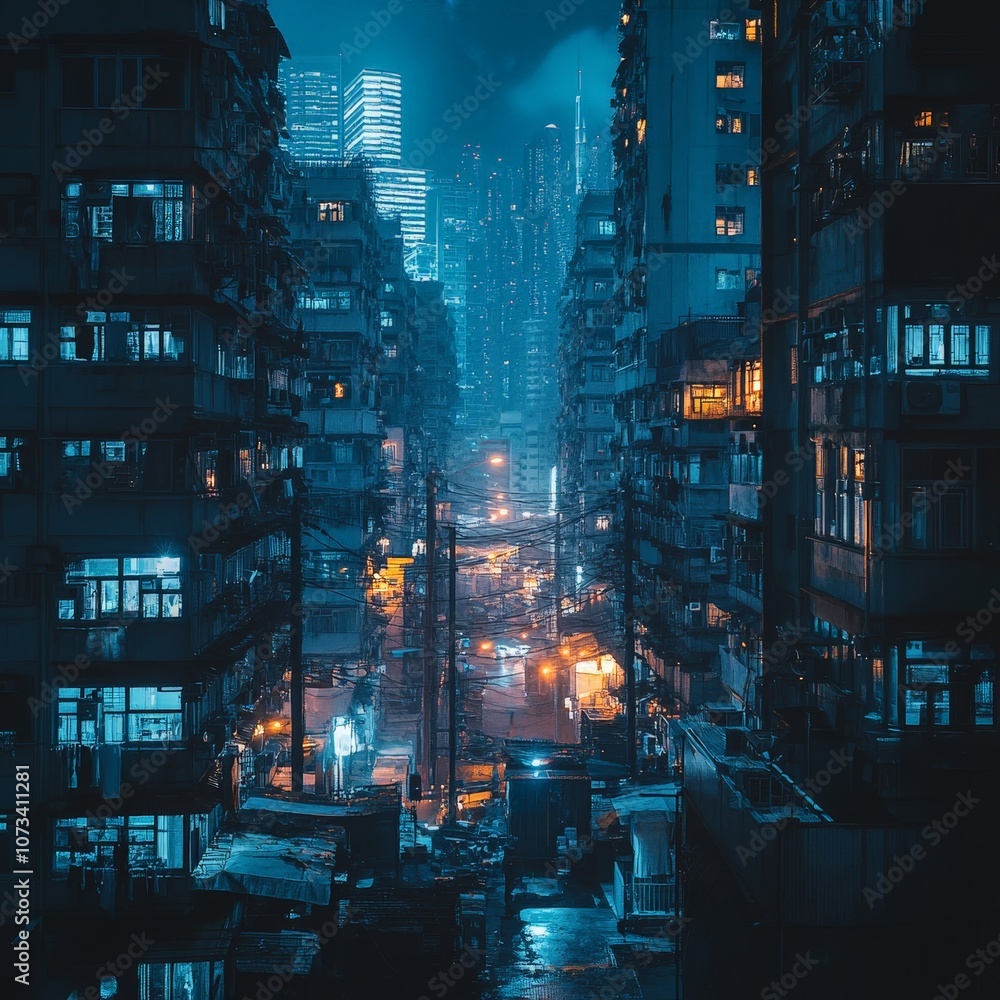 Obraz premium Dystopian city with crumbling slums contrasting a futuristic wealthy skyline, concept of contrasts