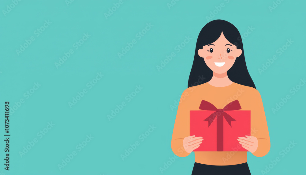 A cheerful woman holding a red gift box, surrounded by a simple turquoise background, exuding happiness and celebration. A cheerful woman holding a red gift box, surrounded by a simple turquoise background, exuding happiness and celebration.