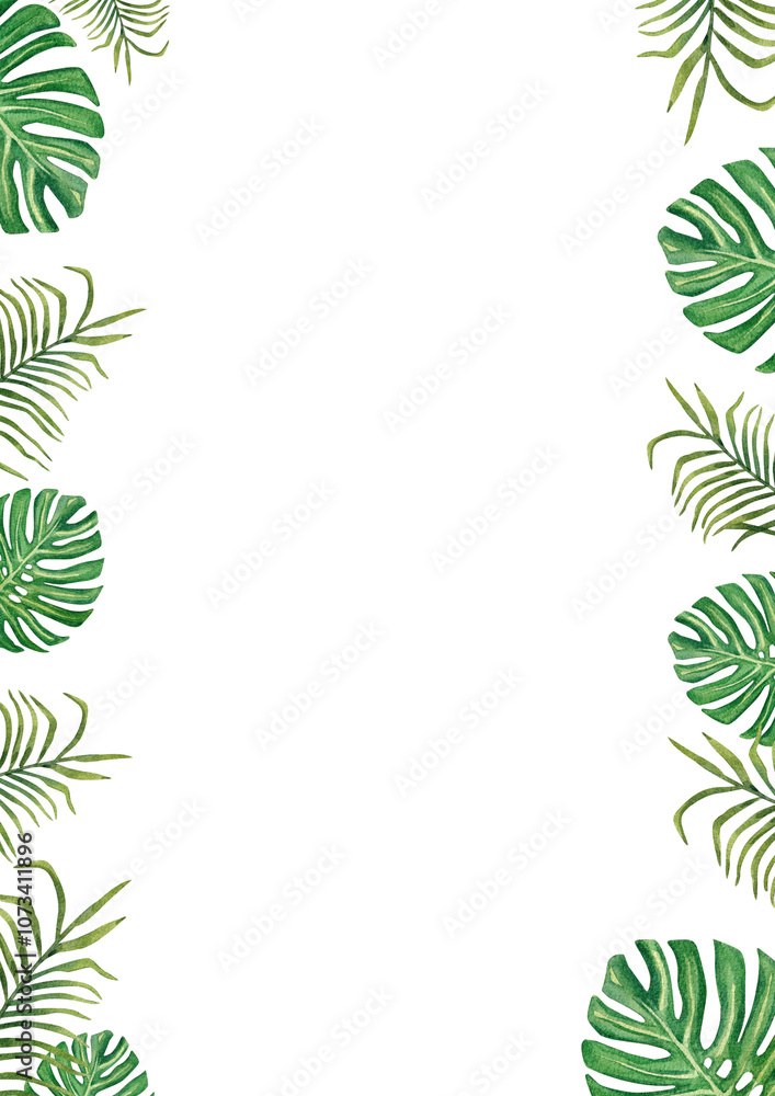 Frame of monstera leaves and palm leaves. Frame of monstera leaves and palm leaves.