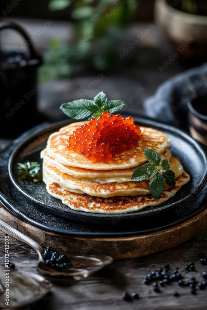 Traditional Maslenitsa celebration with pancakes and red caviar - festive cuisine and culture. Vertical banner. Copy space. Blinis with caviar on a stone background Traditional Maslenitsa celebration with pancakes and red caviar - festive cuisine and culture. Vertical banner. Copy space. Blinis with caviar on a stone background