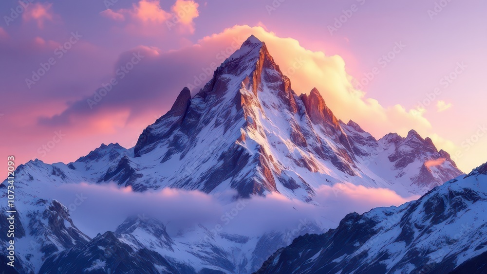 Obraz premium Mountain Peak Illuminated by First Light, Snow-Capped Summit Against Dawn Sky, Winter Landscape