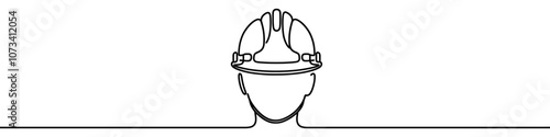 Minimalist illustration representing a construction worker wearing a safety helmet, drawn with one continuous line