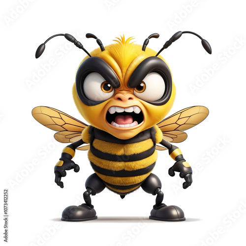 Grumpy bee character in cartoon style, isolated on clear background.