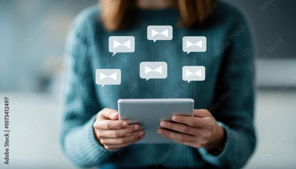 A woman holds a tablet, surrounded by floating message icons, symbolizing digital communication and social interaction. A woman holds a tablet, surrounded by floating message icons, symbolizing digital communication and social interaction.