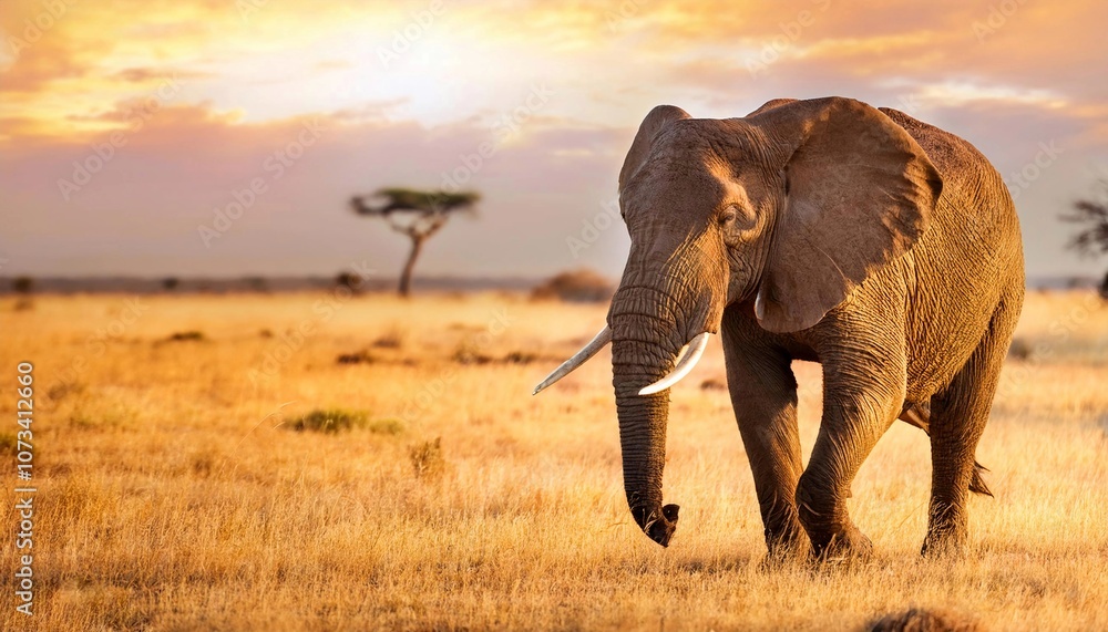 Fototapeta premium Giant African elephant (Loxodonta africana) walking on savannah background 