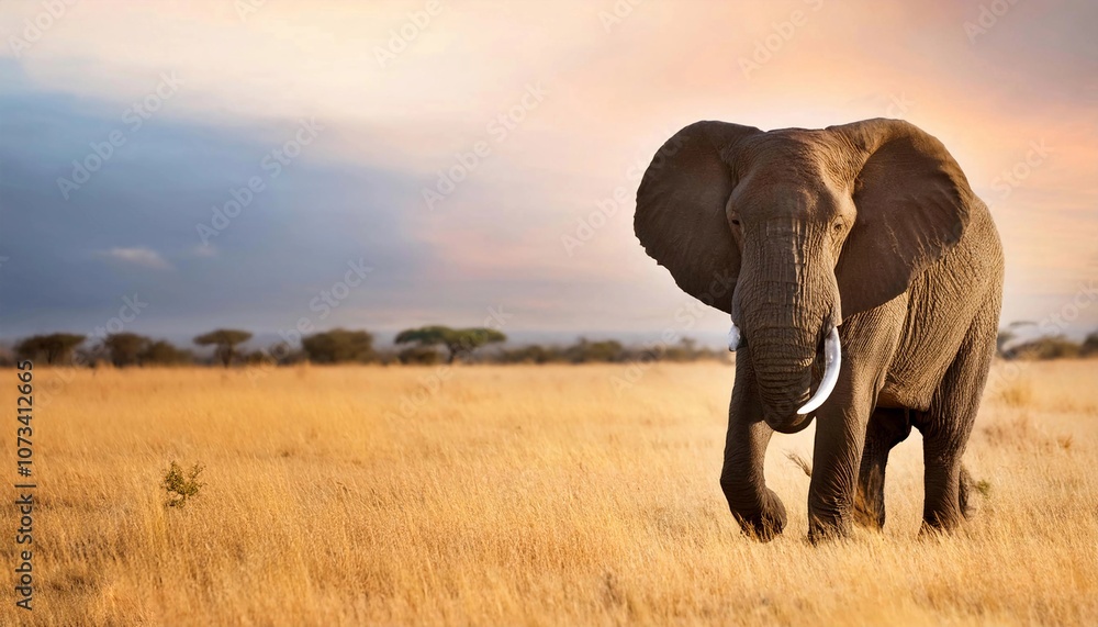 Obraz premium Giant African elephant (Loxodonta africana) walking on savannah background 