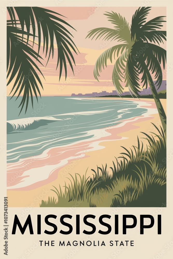 Obraz premium Vintage Travel Poster: Scenic Mississippi Beach at Sunset with Tropical Palm Trees, Capturing the Beauty of the Magnolia States Coastal Paradise