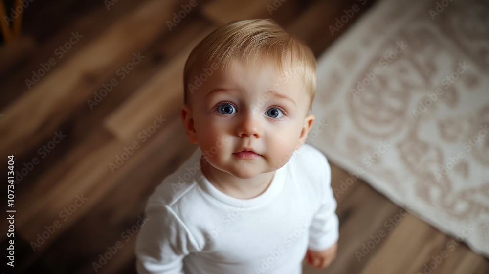 Curious toddler looking up with big blue eyes in a cozy home setting Curious toddler looking up with big blue eyes in a cozy home setting
