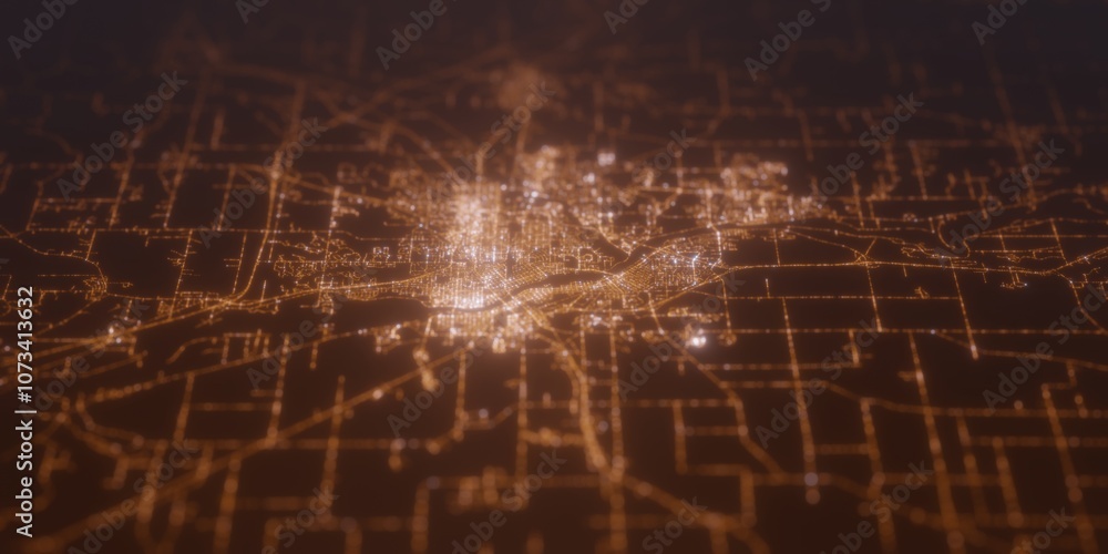 Street lights map of St Cloud (Minnesota, USA) with tilt-shift effect, view from east. Imitation of macro shot with blurred background. 3d render, selective focus Street lights map of St Cloud (Minnesota, USA) with tilt-shift effect, view from east. Imitation of macro shot with blurred background. 3d render, selective focus