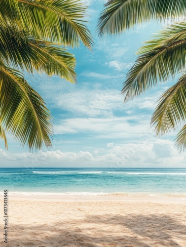A serene beach view framed by palm leaves under a bright sky, showcasing the tranquil ocean and sandy shore, perfect for relaxation.
