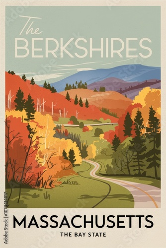 Charming Vintage Travel Poster of The Berkshires, Massachusetts: Explore Scenic Autumn Landscapes in The Bay State with Rolling Hills and Vibrant Foliage.