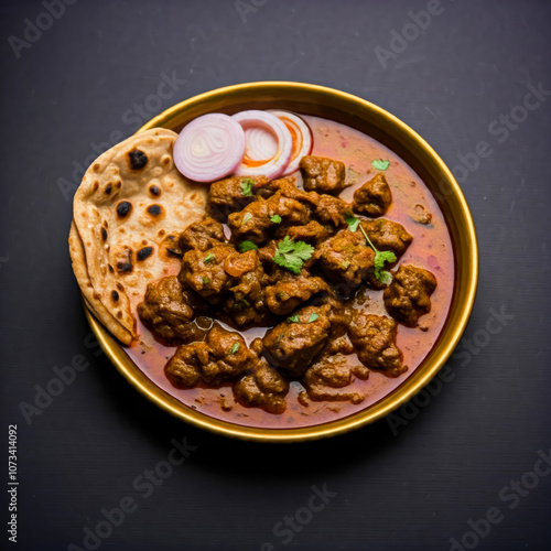 Indian spices Jodhpuri Laal Gosht or beef karahi with roti and kulcha in a dish on dark background fastfood photo