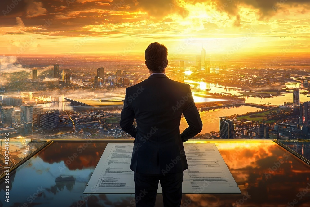 Fototapeta premium A businessman gazing at a vibrant sunset over the city skyline, Financial advisor going over compliance for estate tax, legal adherence, structured planning