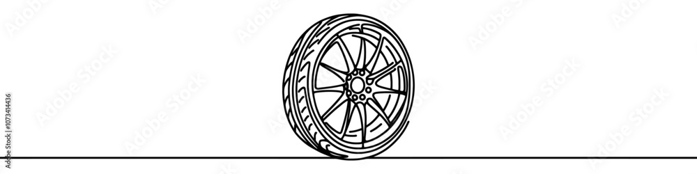 One continuous line illustration of a car wheel, isolated on white background. Line art of car wheel. One continuous line illustration of a car wheel, isolated on white background. Line art of car wheel.