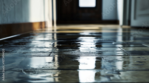reflective, wet hallway floor with light casting subtle reflections from a nearby window. The scene evokes the aftermath of a leak or spill, emphasizing cleanliness or a potential hazard