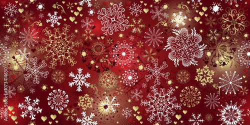 Vector seamless Christmas hand drown pattern with snowflakes and stars and spots on a dark red gradient background
