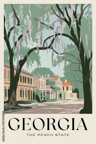 Vintage Travel Poster of Georgia: The Peach State - Charming Southern Landscape with Iconic Architecture and Lush Tree Canopy, Evoking Nostalgic Adventure.