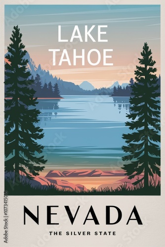 Vintage Travel Poster of Lake Tahoe, Nevada - Serene Landscape with Mountains and Pine Trees, Capturing the Essence of Classic American Adventure