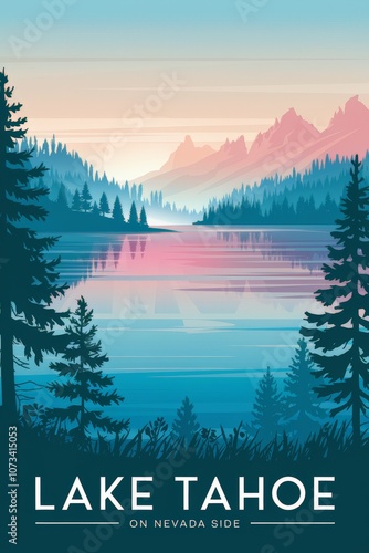 Vintage Travel Poster of Lake Tahoe: Scenic View with Vibrant Blue Waters, Majestic Mountains, and Lush Evergreen Forests, Evoking Nostalgic Adventure