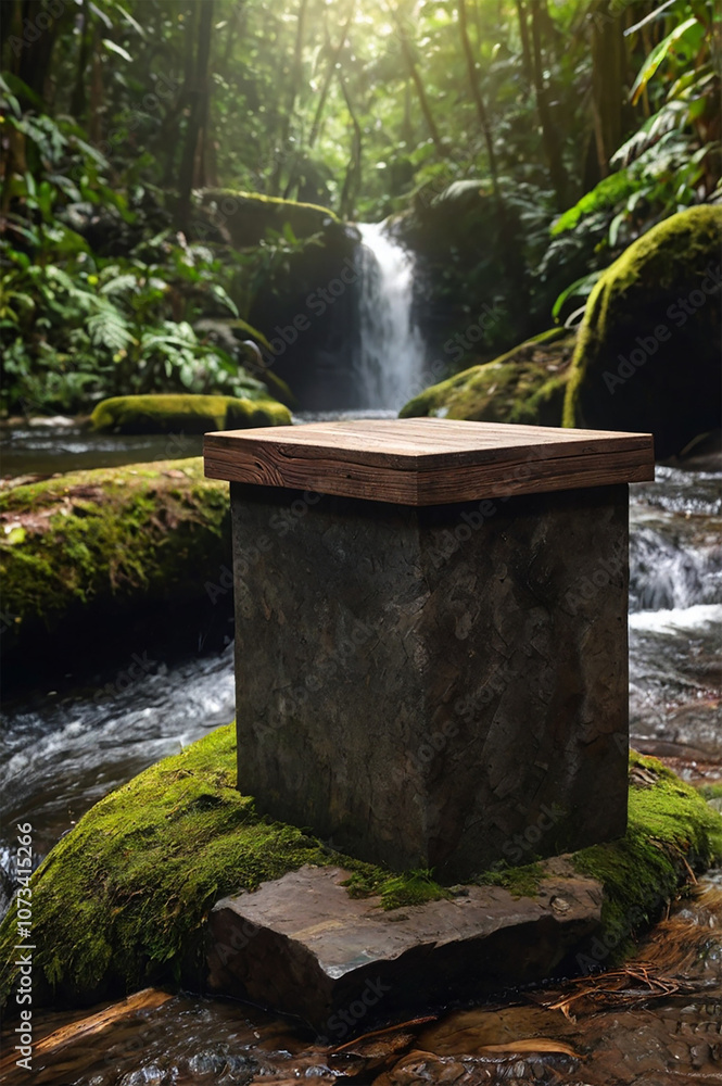 Rock podium in jungle with waterfall Rock podium in jungle with waterfall