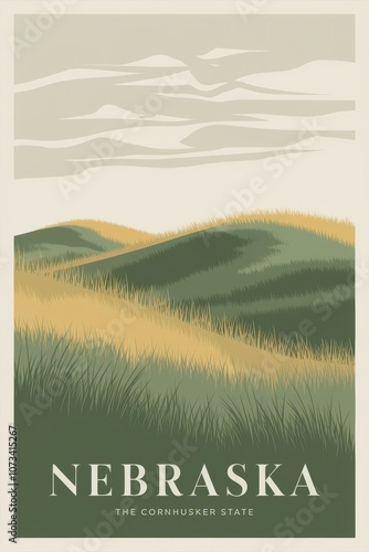 Vintage Travel Poster of Nebraska: Embrace the Serenity of the Cornhusker State with Lush Green Hills and Tranquil Skies in Retro Style Design photo