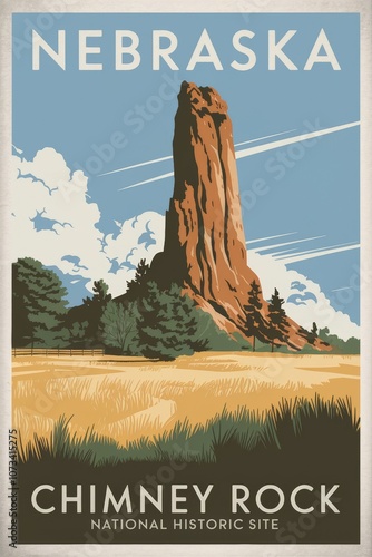 Vintage Travel Poster of Nebraska: Explore the Majestic Chimney Rock National Historic Site - A Classic Piece of Americana for Travel Enthusiasts photo