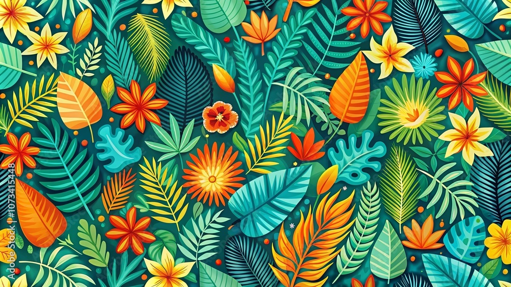 Vibrant Tropical Floral Pattern With Lush Green Leaves, Orange, Yellow, and Red Flowers, and Geometric Shapes Vibrant Tropical Floral Pattern With Lush Green Leaves, Orange, Yellow, and Red Flowers, and Geometric Shapes