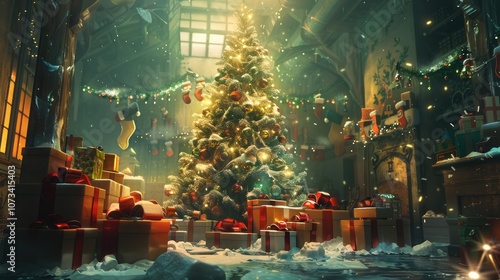 Christmas tree surrounded with gifts, Christmas festival concept