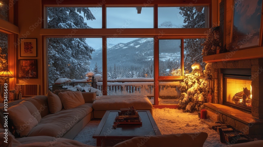 Fototapeta premium Cozy Living Room with Fireplace and Snowy Mountain View
