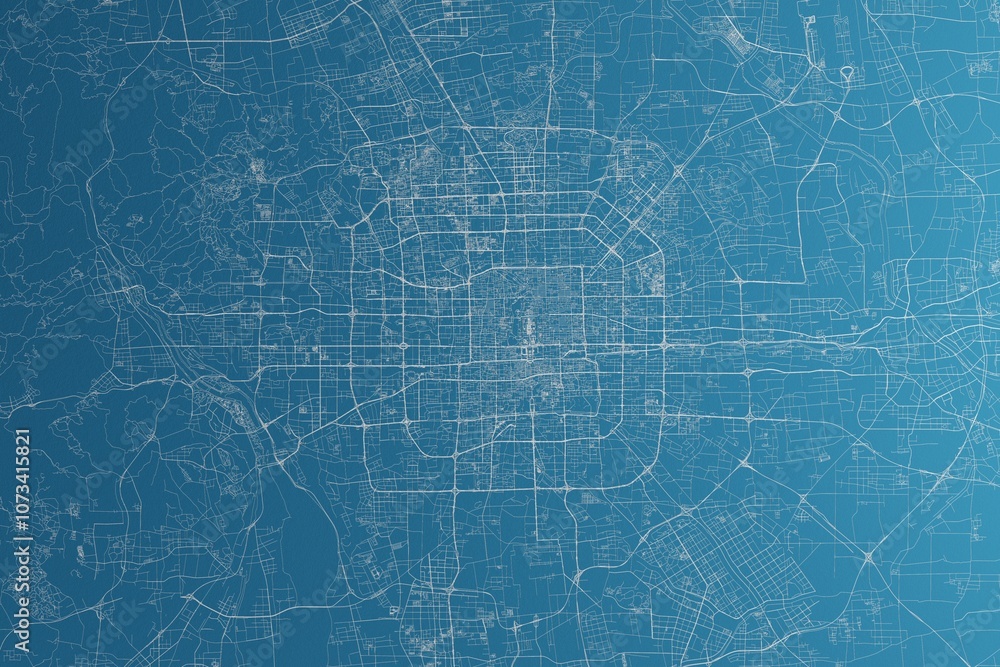 Map of the streets of Beijing (China) made with white lines on blue paper. Rough background. 3d render, illustration Map of the streets of Beijing (China) made with white lines on blue paper. Rough background. 3d render, illustration