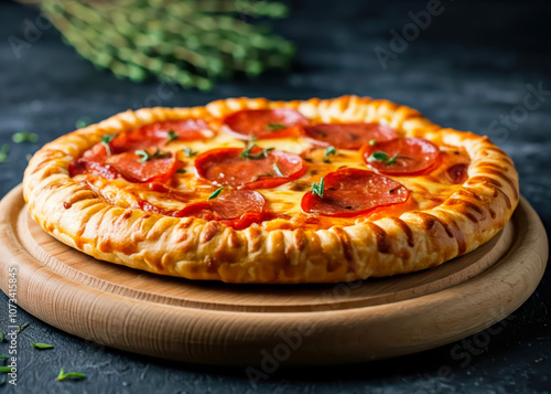 Thyme pastry pizza served in a cutting board on grey background arabian fastfood photo