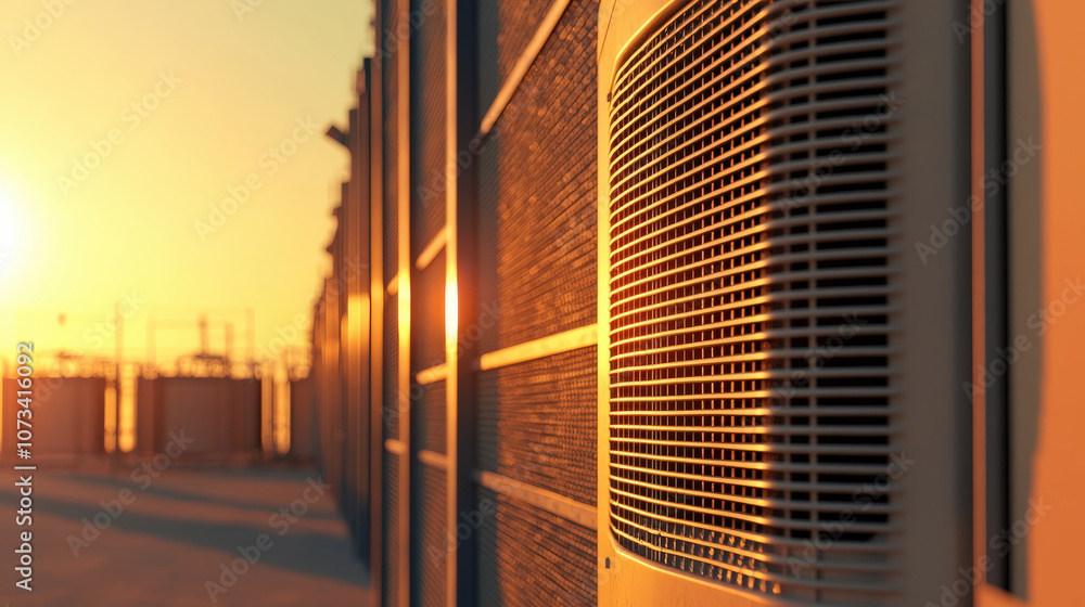 close up of air conditioning unit with cooling tower at sunset, showcasing warm glow of sun reflecting off surfaces close up of air conditioning unit with cooling tower at sunset, showcasing warm glow of sun reflecting off surfaces