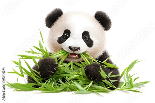 Realistic Panda Eating Bamboo Isolated on White Background