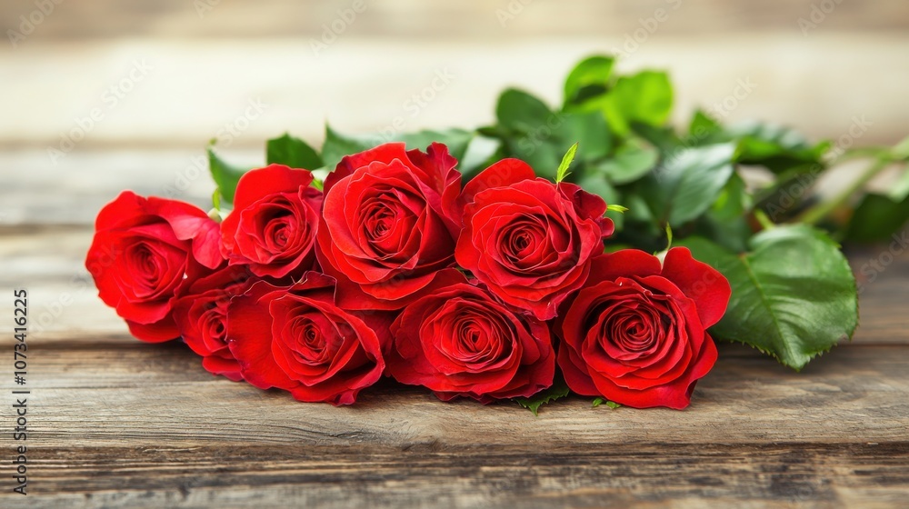 A vibrant bouquet of red roses resting on a rustic wooden surface, symbolizing love and beauty. A vibrant bouquet of red roses resting on a rustic wooden surface, symbolizing love and beauty.