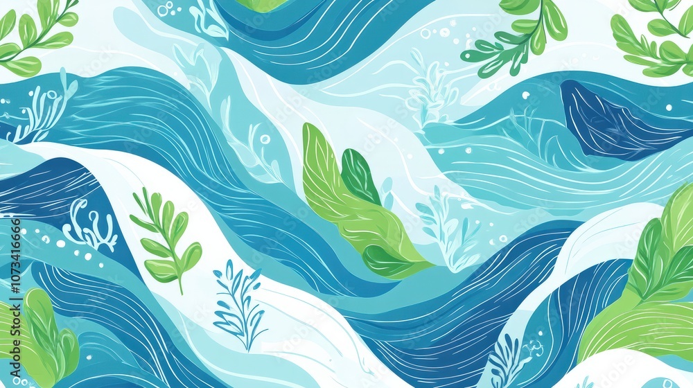 Obraz premium A calming nature-inspired seamless pattern featuring flowing waves, fish, and seaweed, in shades of blue and green, ideal for beach-themed products or relaxing home decor