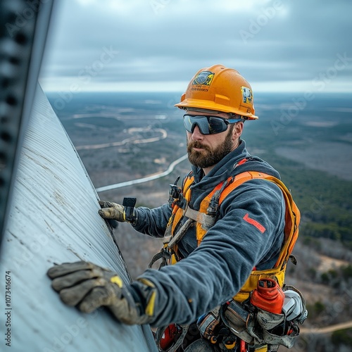 Worker Inspecting Wind Turbine on Offshore Platform