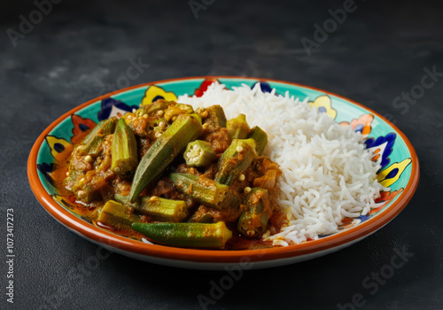 Okra Stew with white rice Khoresht Bamia or lady finger curry served in dish on table middle east food photo